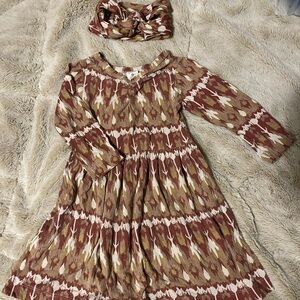 Kate Quinn Brown and Cream Patterned Kids Dress with Headband